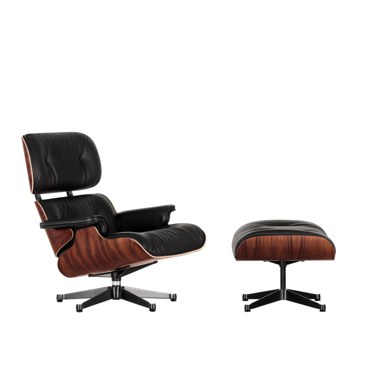 Lounge Chair & Ottoman von Vitra in der Ausführung poliert / Seiten schwarz, Santos Palisander, Leder Premium F nero (neue Maße)