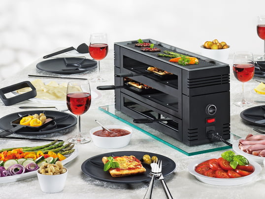 Das Pizza Raclette 6 von Spring ist ein Tischraclette für bis zu 6 Personen. Dank leistungsstarken Heizspiralen gelingt sowohl knusprige Pizza als auch perfektes Raclette.