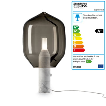 Die Established & Sons - Lighthouse Tischleuchte H 69,5 cm, Rauchglas / Carrara-Marmor weiß
