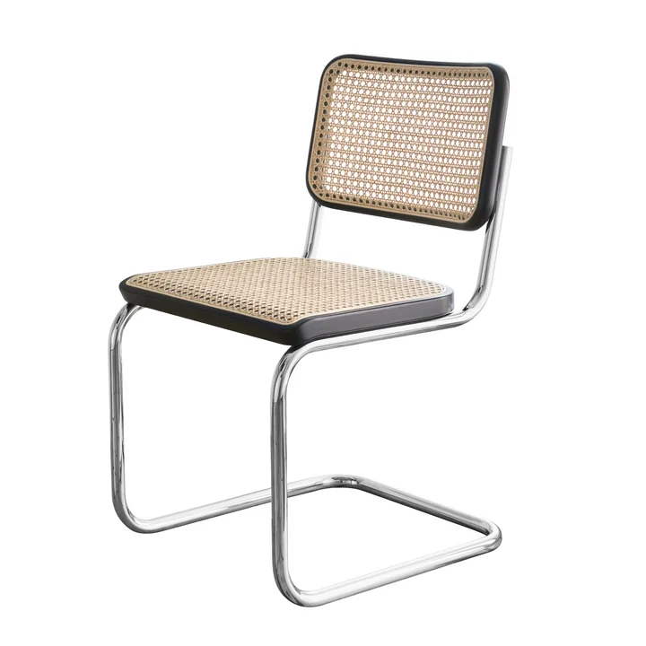 S 32 Stuhl von Thonet in Chrom / Buche Schwarz gebeizt (TP 29) / Rohrgeflecht