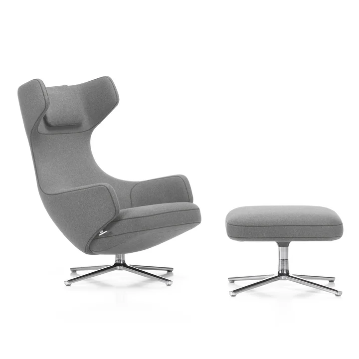 Grand Repos Sessel und Ottoman von Vitra in Hellgrau (01 Kiesel) / Aluminium poliert (Filzgleiter)