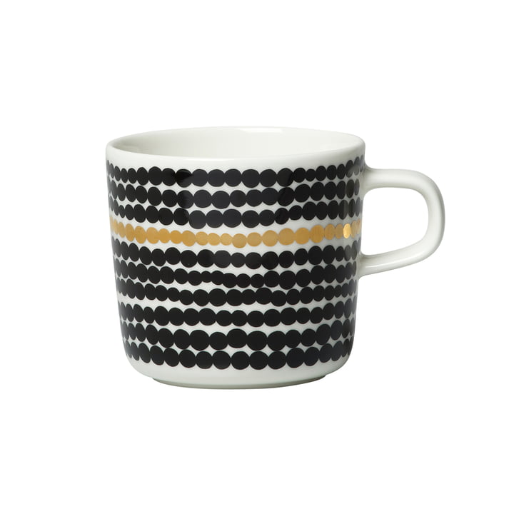 Oiva Räsymatto Becher mit Henkel 200 ml von Marimekko in weiß / schwarz / gold (10 Jahre Jubiläums-Edition)