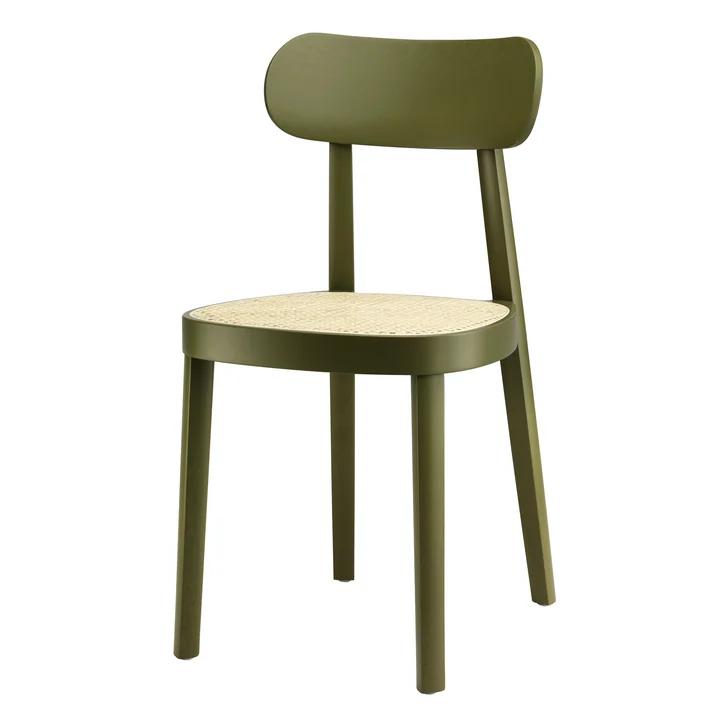 118 Stuhl von Thonet, Rohrgeflecht mit Kunststoffstützgewebe / Buche olivgrün gebeizt (RAL 6003)
