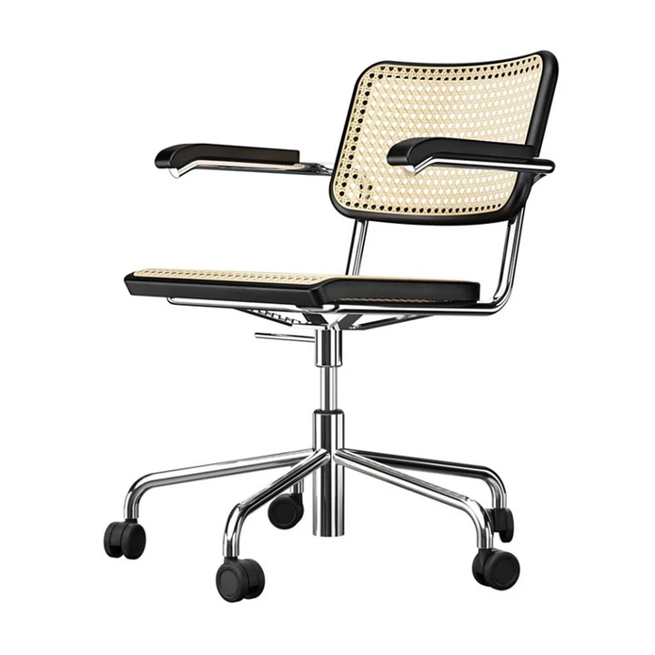S 64 VDR Drehsessel, Chrom / Buche schwarz gebeizt (TP 29) / Rohrgeflecht mit Kunststoffstützgewebe von Thonet