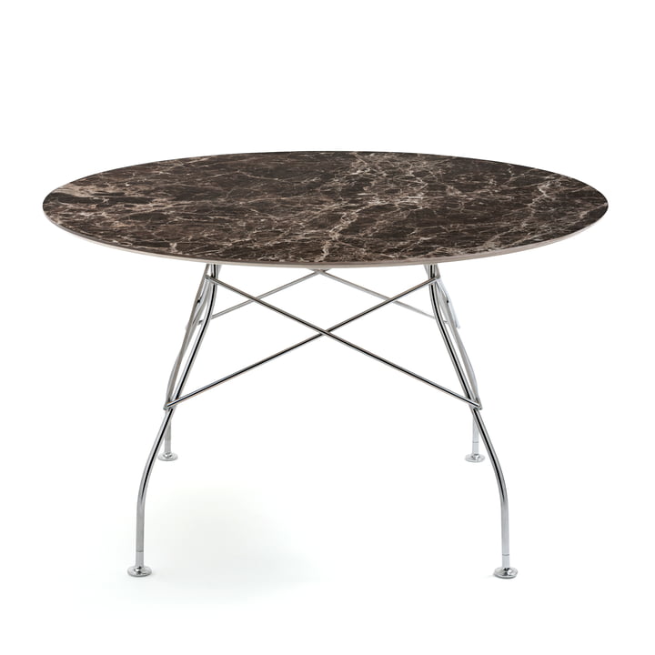 Glossy Tisch Ø 128 x H 72 cm von Kartell in verchromt / Emperador Marmor braun