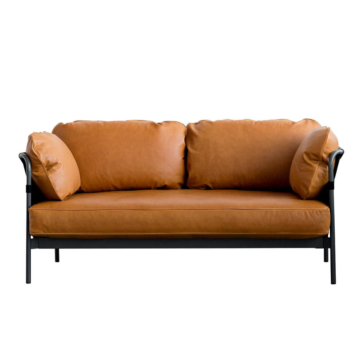 Can Sofa, 2-Sitzer, Gestell schwarz / Außenstoff Canvas schwarz / Softleder (Silk cognac SIL0250) von Hay