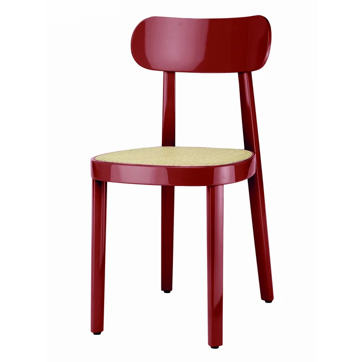 118 Stuhl von Thonet mit Rohrgeflecht mit Kunststoffstützgewebe in Buche dunkelrot hochglanz lackiert