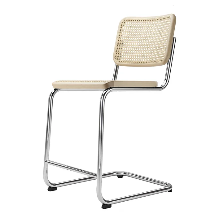 S 32 VHT Barstuhl SH 64 cm von Thonet in Chrom / Buche natur / Rohrgeflecht mit Stützgewebe