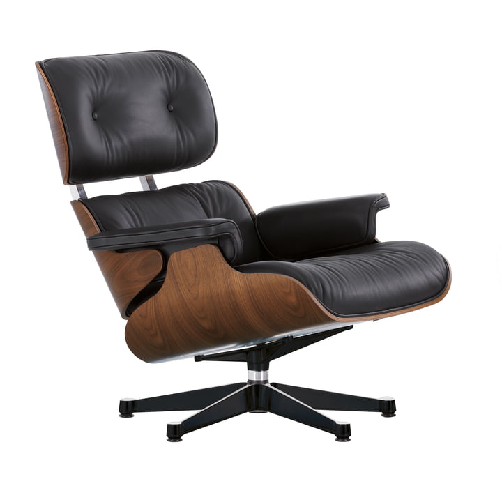 Vitra - Lounge Chair, poliert / Seiten schwarz, Nussbaum schwarz pigmentiert, Leder schwarz (Premium F nero), neue Maße