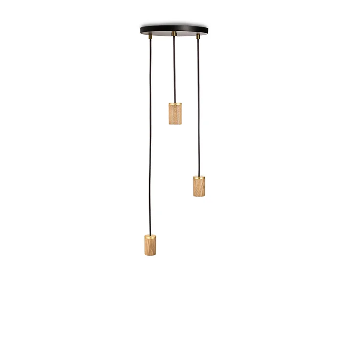Brass Triple Pendelleuchte, schwarz / Eiche / Messing von Tala