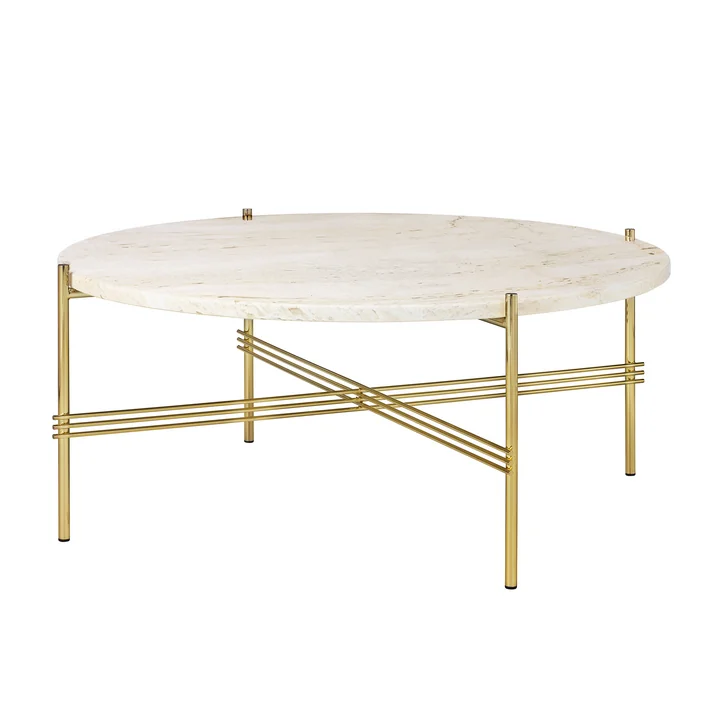 Travertine Couchtisch, Ø 80 cm, messing / weiß von Gubi