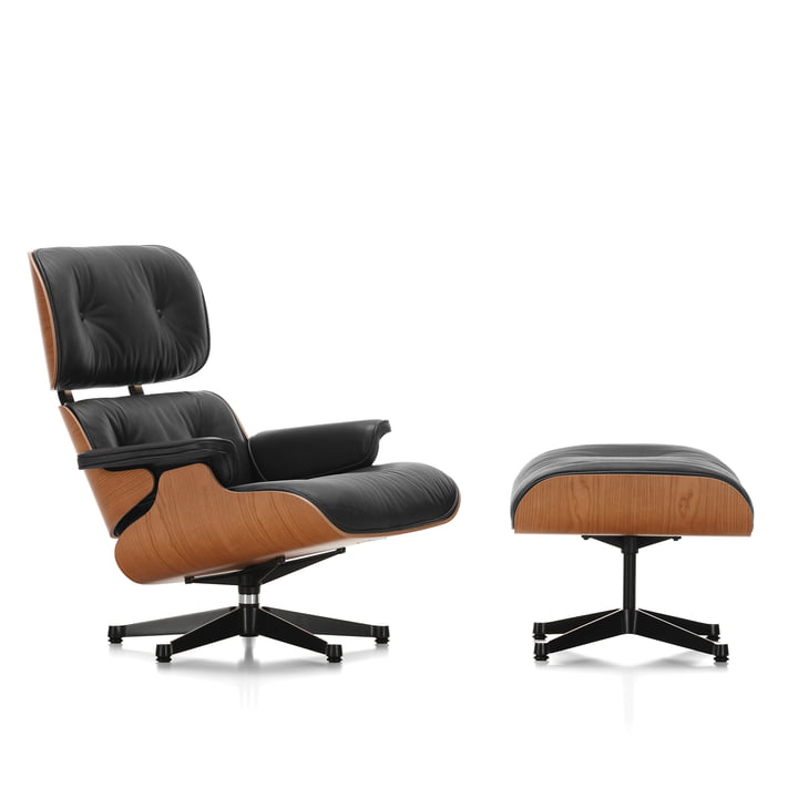 Lounge Chair & Ottoman von Vitra in poliert / schwarz, Kirschbaum / Leder Premium nero
