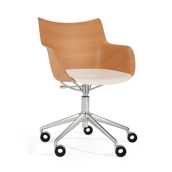 Q/Wood Stuhl mit Rollen von Kartell in verchromt / Buche hell