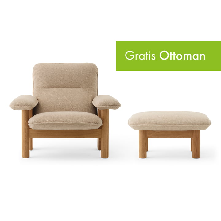 Menu - Brasilia Lounge Chair & gratis Ottoman, Eiche natur / Bouclé beige