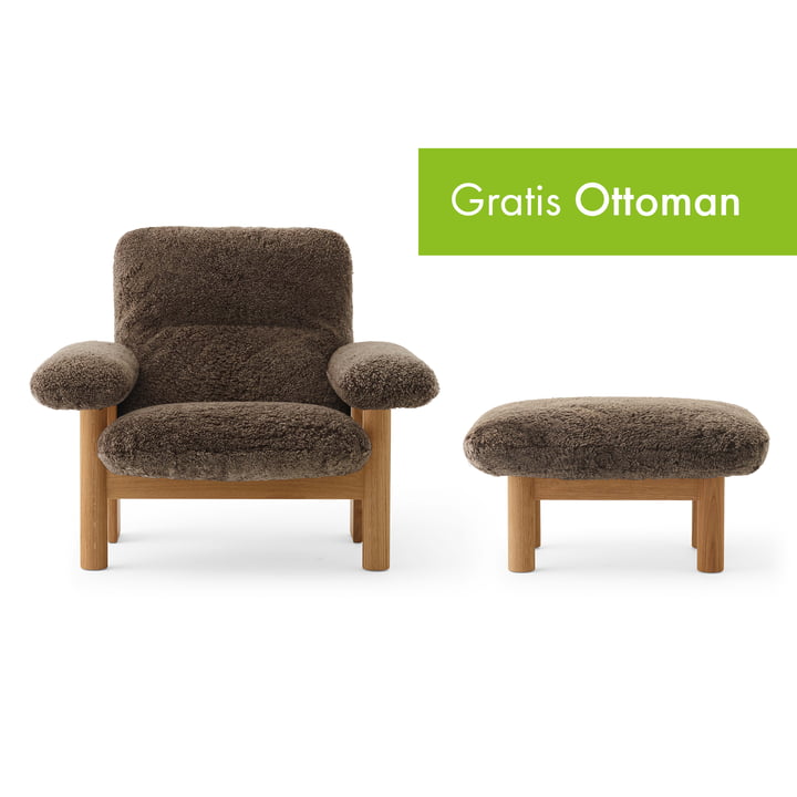 Menu - Brasilia Lounge Chair & gratis Ottoman, Eiche natur / Schafsfell