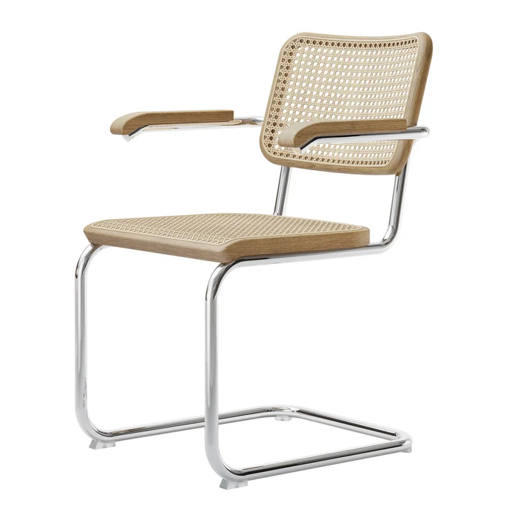 S 64 V Armlehnstuhl, Chrom / Eiche natur / Rohrgeflecht mit Stützgewebe (Pure Materials) von Thonet
