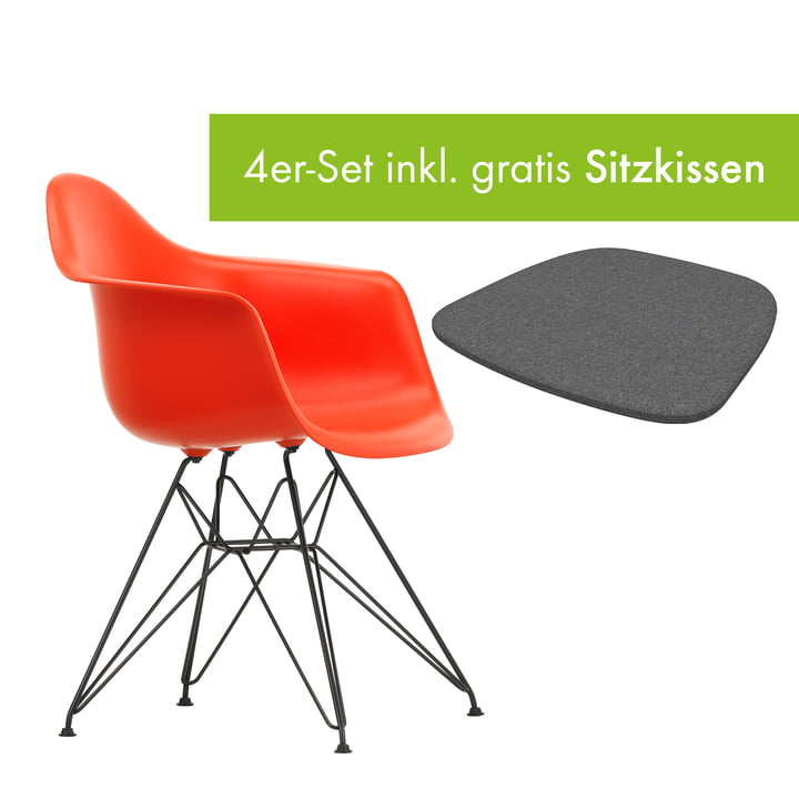 Eames Plastic Armchair DAR von Vitra in der Ausführung basic dark / poppy red inkl. Sitzkissen in der Ausführung classic grey