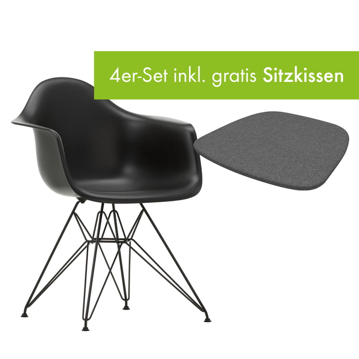 Eames Plastic Armchair DAR von Vitra in der Ausführung basic dark / tiefschwarz inkl. Sitzkissen in der Ausführung classic grey