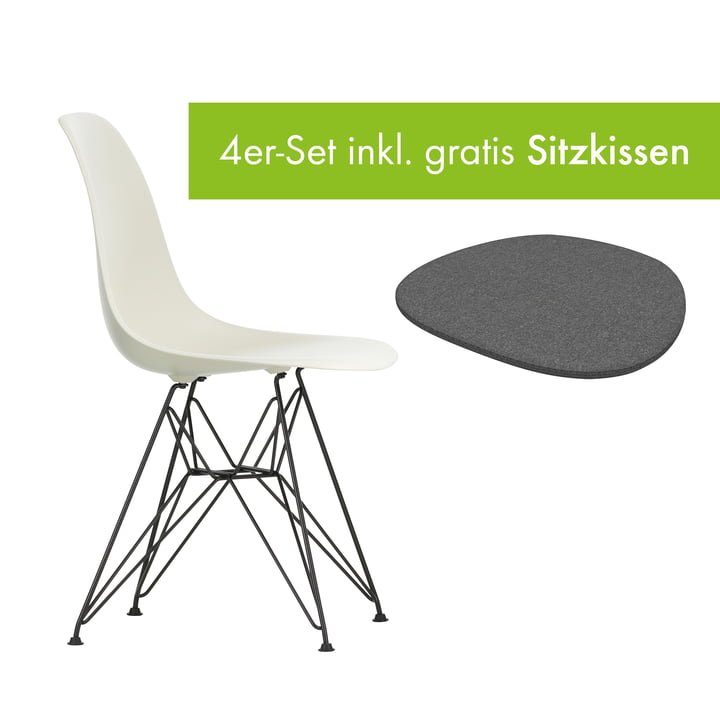 Eames Plastic Side Chair DSR von Vitra in der Ausführung basic dark / kieselstein inkl. Sitzkissen in der Ausführung classic grey