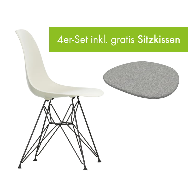 Eames Plastic Side Chair DSR von Vitra in der Ausführung basic dark / kieselstein inkl. Sitzkissen in der Ausführung pebble grey