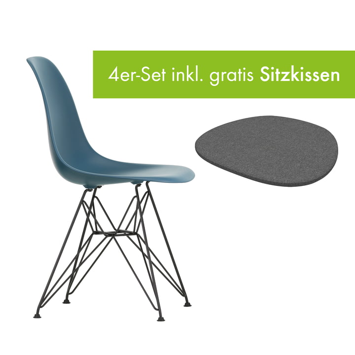 Eames Plastic Side Chair DSR von Vitra in der Ausführung basic dark / meerblau inkl. Sitzkissen in der Ausführung classic grey