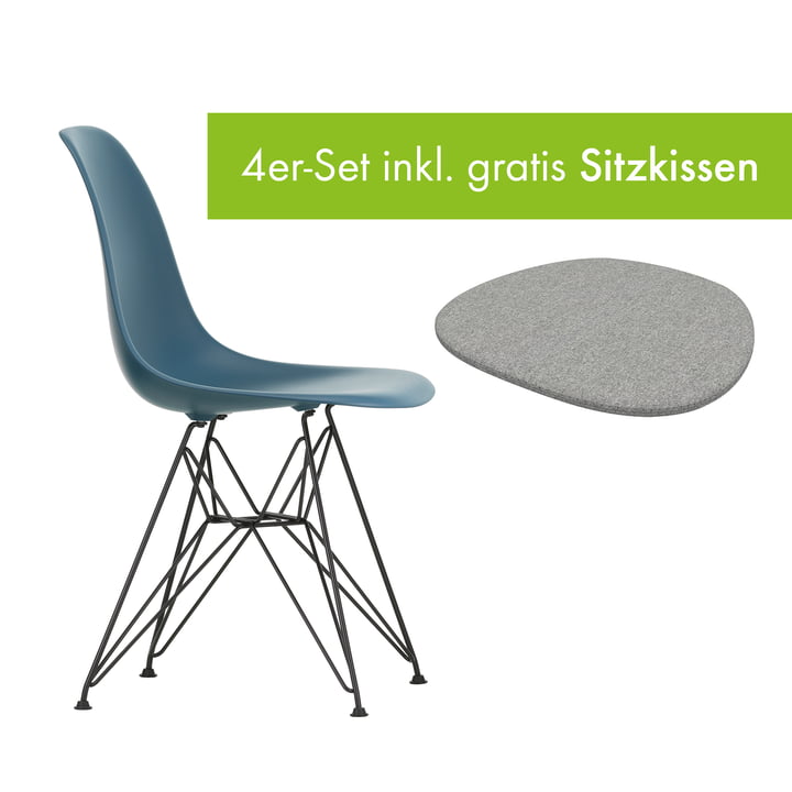 Eames Plastic Side Chair DSR von Vitra in der Ausführung basic dark / meerblau inkl. Sitzkissen in der Ausführung pebble grey