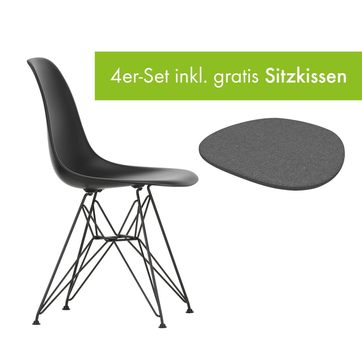 Eames Plastic Side Chair DSR von Vitra in der Ausführung basic dark / tiefschwarz inkl. Sitzkissen in der Ausführung classic grey