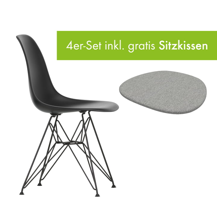 Eames Plastic Side Chair DSR von Vitra in der Ausführung basic dark / tiefschwarz inkl. Sitzkissen in der Ausführung pebble grey