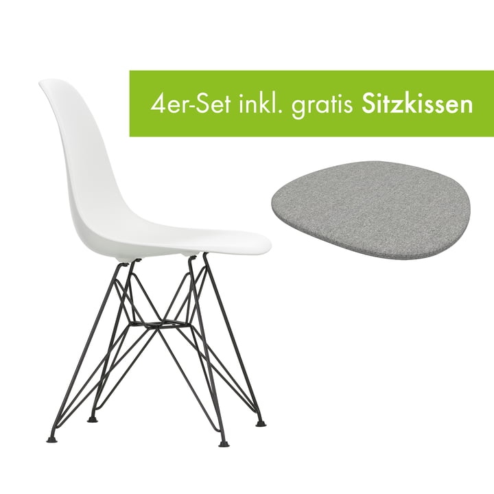 Eames Plastic Side Chair DSR von Vitra in der Ausführung basic dark / weiß inkl. Sitzkissen in der Ausführung pebble grey