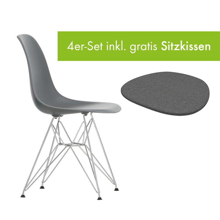 Eames Plastic Side Chair DSR von Vitra in der Ausführung verchromt / granitgrau inkl. Sitzkissen in der Ausführung classic grey