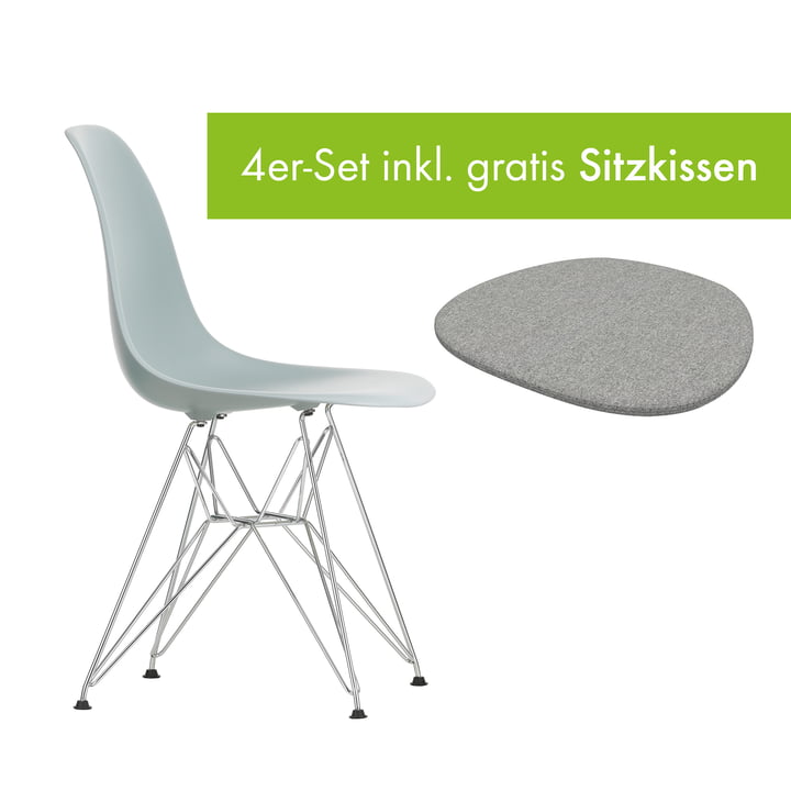 Eames Plastic Side Chair DSR von Vitra in der Ausführung verchromt / hellgrau inkl. Sitzkissen in der Ausführung pebble grey