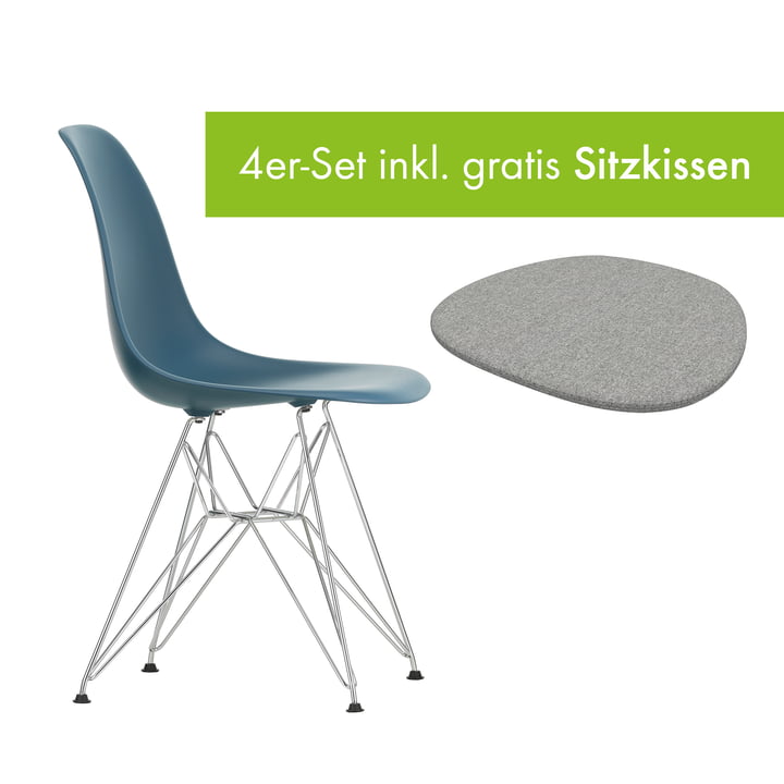 Eames Plastic Side Chair DSR von Vitra in der Ausführung verchromt / meeresblau inkl. Sitzkissen in der Ausführung pebble grey