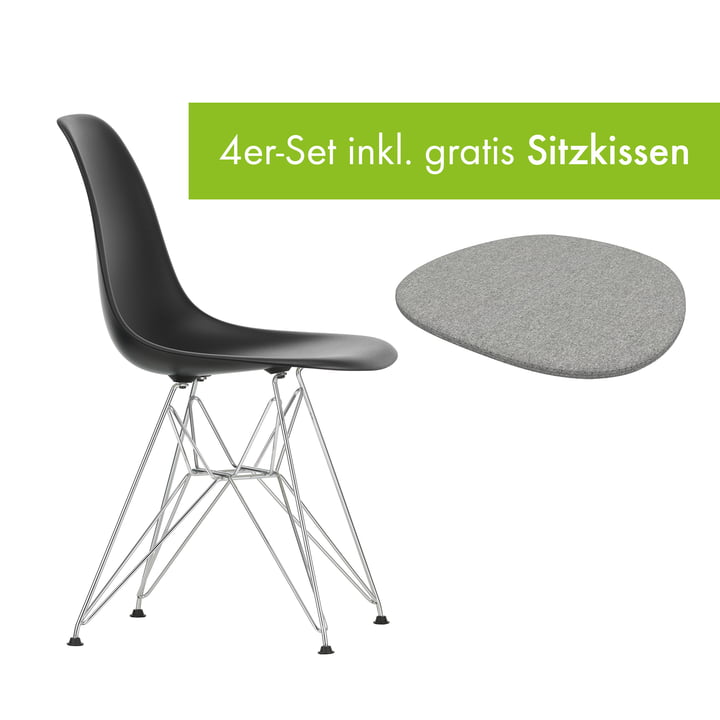 Eames Plastic Side Chair DSR von Vitra in der Ausführung verchromt / tiefschwarz inkl. Sitzkissen in der Ausführung pebble grey