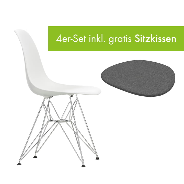Eames Plastic Side Chair DSR von Vitra in der Ausführung verchromt / weiß inkl. Sitzkissen in der Ausführung classic grey