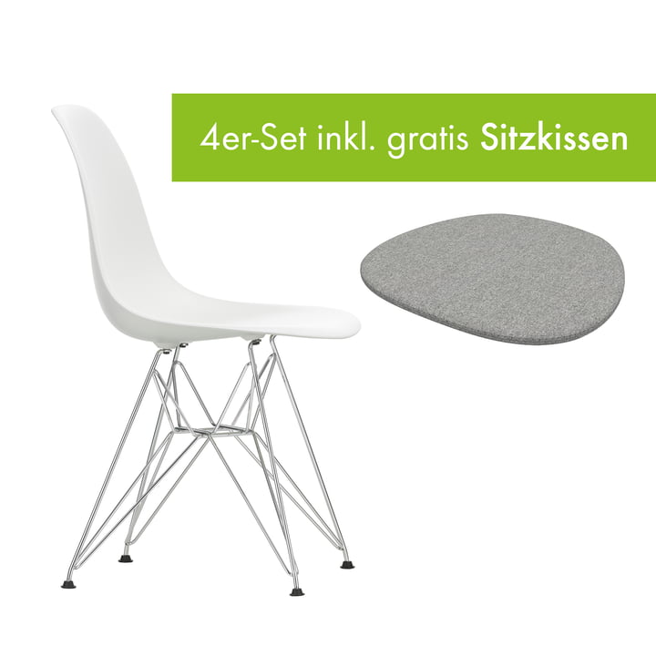 Eames Plastic Side Chair DSR von Vitra in der Ausführung verchromt / weiß inkl. Sitzkissen in der Ausführung pebble grey