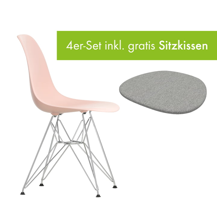 Eames Plastic Side Chair DSR von Vitra in der Ausführung verchromt / zartrosé inkl. Sitzkissen in der Ausführung pebble grey
