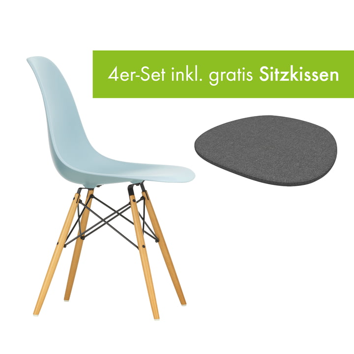 Eames Plastic Side Chair DSW von Vitra in der Ausführung Ahorn gelblich / eisgrau inkl. Sitzkissen in der Ausführung classic grey