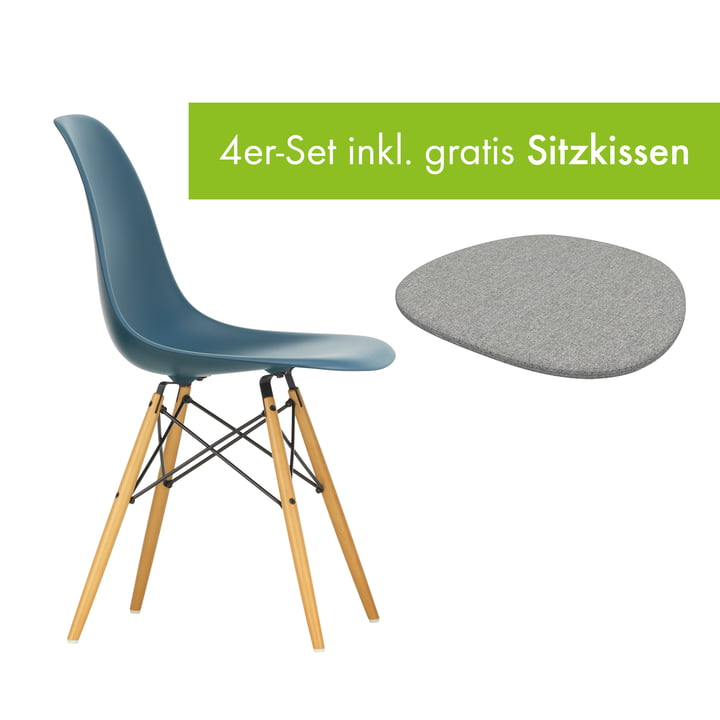 Eames Plastic Side Chair DSW von Vitra in der Ausführung Ahorn gelblich / meerblau inkl. Sitzkissen in der Ausführung pebble grey