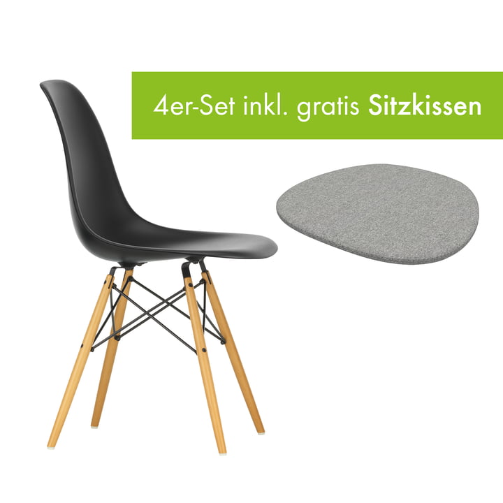 Eames Plastic Side Chair DSW von Vitra in der Ausführung Ahorn gelblich / tiefschwarz inkl. Sitzkissen in der Ausführung pebble grey