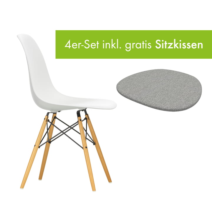 Eames Plastic Side Chair DSW von Vitra in der Ausführung Ahorn gelblich / weiß inkl. Sitzkissen in der Ausführung pebble grey
