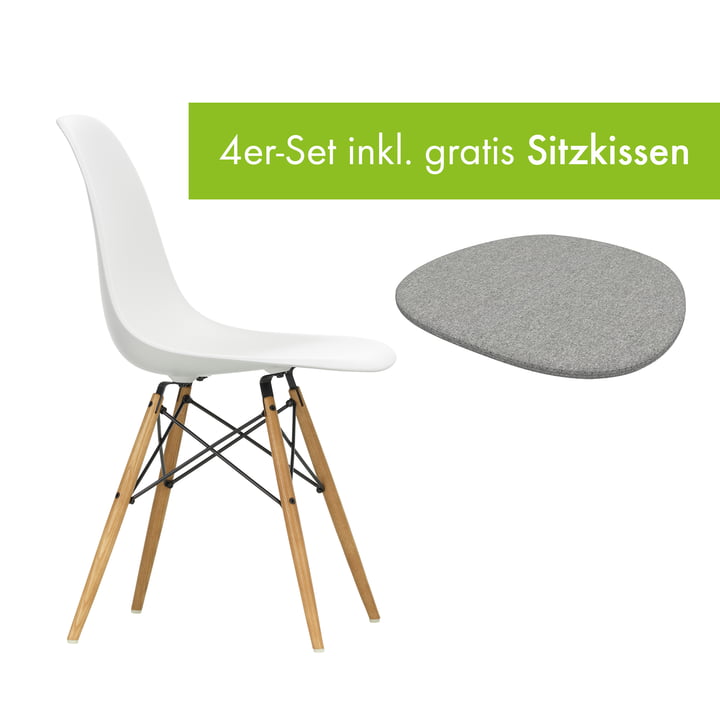 Eames Plastic Side Chair DSW von Vitra in der Ausführung Esche honigfarben / weiß inkl. Sitzkissen in der Ausführung pebble grey