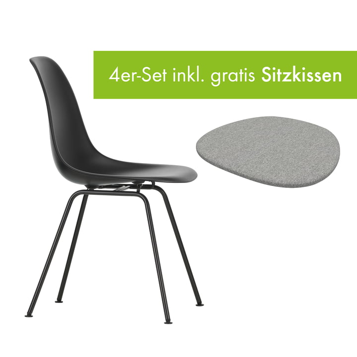 Eames Plastic Side Chair DSX von Vitra in der Ausführung tiefschwarz / basic dark inkl. Sitzkissen in der Ausführung pebble grey