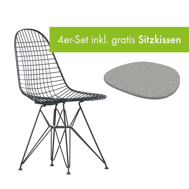 Wire Chair DKR von Vitra in der Ausführung basic dark / ohne Bezug inkl. Sitzkissen in der Ausführung pebble grey