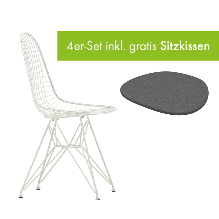 Wire Chair DKR von Vitra in der Ausführung weiß / ohne Bezug inkl. Sitzkissen in der Ausführung classic grey