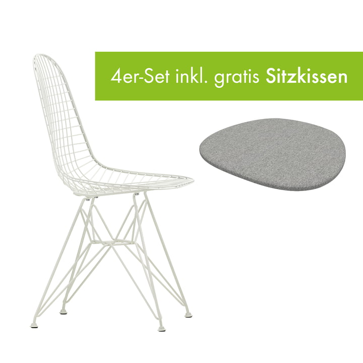 Wire Chair DKR von Vitra in der Ausführung weiß / ohne Bezug inkl. Sitzkissen in der Ausführung pebble grey