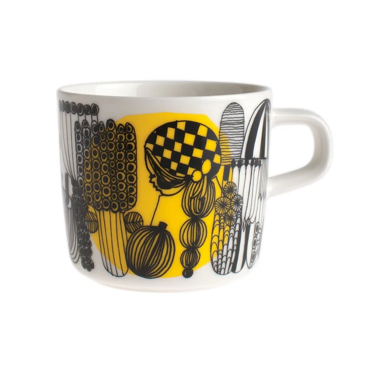 Oiva Siirtolapuutarha Becher mit Henkel 200 ml, weiß / schwarz / gelb von Marimekko