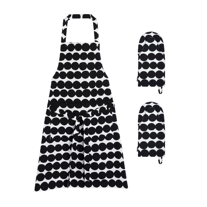 Räsymatto Schürze mit 2 x Ofenhandschuh, weiß / schwarz (3tlg.) von Marimekko