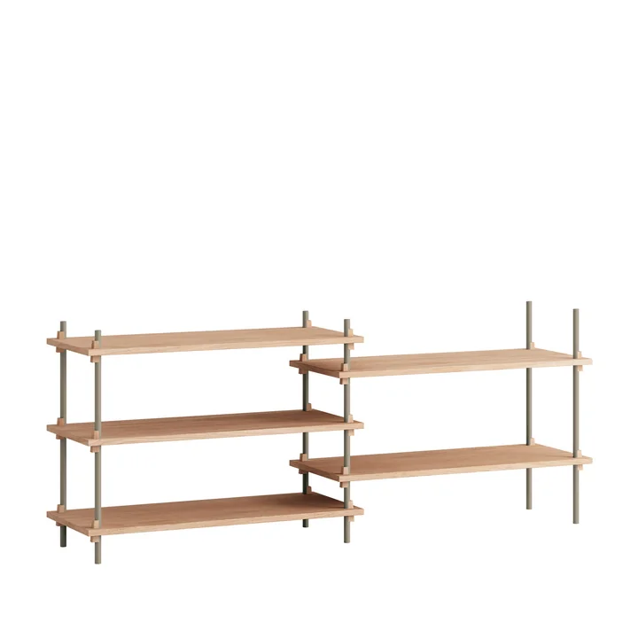 Shelving System Low Double von Moebe in der Ausführung Eiche geölt / warm grey