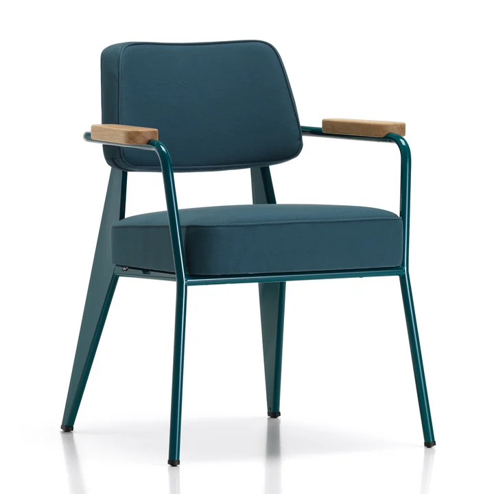 Vitra - Fauteuil Direction Armlehnstuhl, Eiche natur / Prouvé Bleu Dynastie / Twill blaugrau