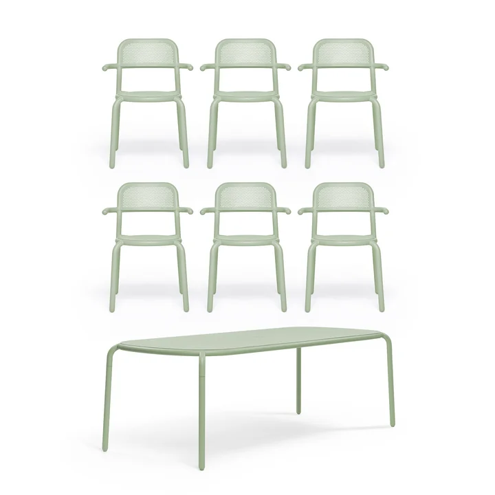 Fatboy - Toní Gartentisch + Gartenarmlehnstuhl, nebel grün (pulverbeschichtet)